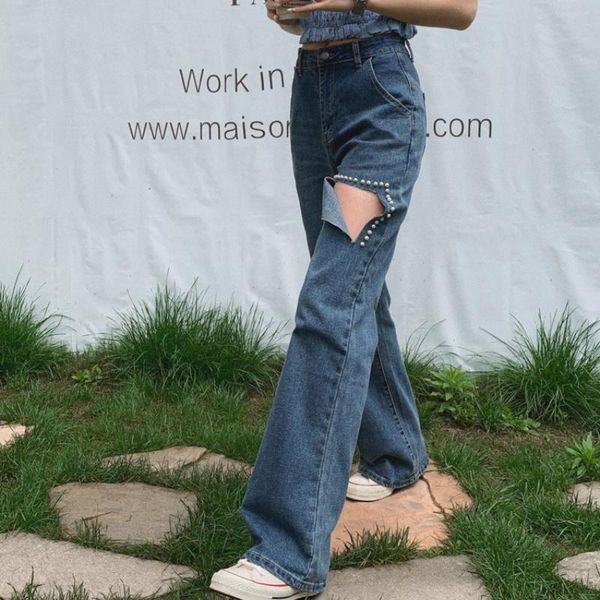 

women's jeans fashion beading ripped hole 2021 high waist straight street style casual wide-leg denim pants femme, Blue