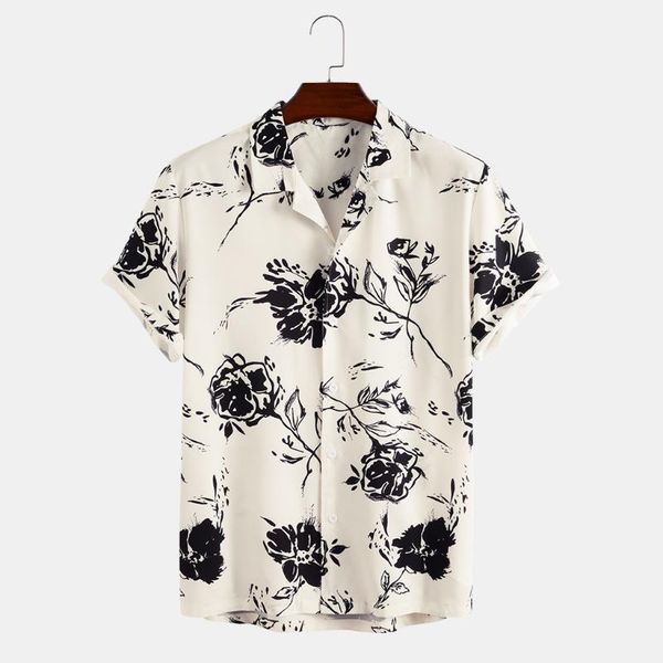 

men's casual shirts 2021 -selling summer shirt rose print slim fashion lapel button cool short-sleeved plus size 3xl, White;black
