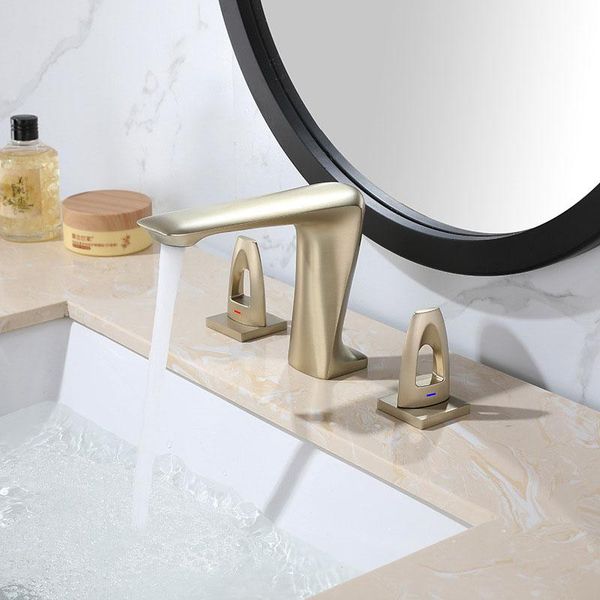 

bathroom sink faucets basin brushed gold brass modern mixer faucet double handle 3 hole gun gray bathbasin counter tap