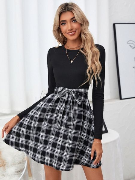 

plaid panel belted dress t4sa#, Black;gray