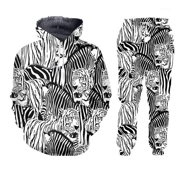 Tute da uomo LCFA Nero Bianco Zebra Stampa 3D Giacche invernali Completo sportivo T-shirt con bottoni Pantaloni 2 pezzi Completi Tuta da uomo / donna Set