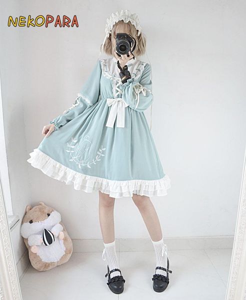 

casual dresses poem of leaf cute women's lolita op dress autumn long sleeve mandarin collar grass green one piece, Black;gray
