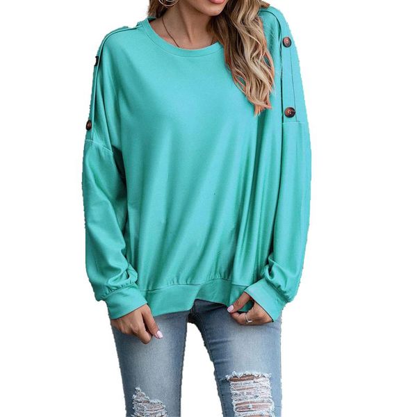 

women's t-shirt fall shirt, long-sleeved solid color elastic party round neck loose warm shoulder buttons clothes, White