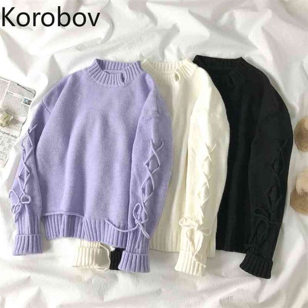 

korobov new chic o neck long sleeve sweaters korean solid harajuku female pullovers vintage lacing sueter mujer 210430, White;black