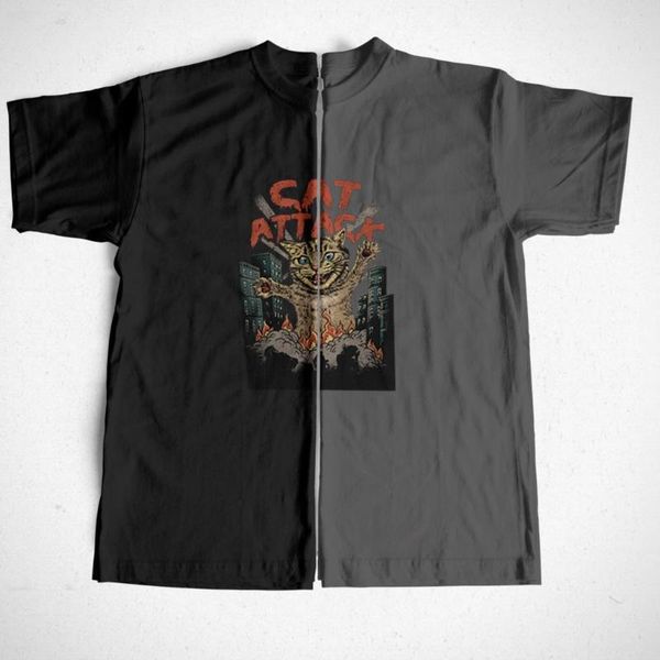 

men's t-shirts coolmind 100% cotton cat attact print men t shirt short sleeve loose funny tshirt cool o-neck t-shirt tee, White;black