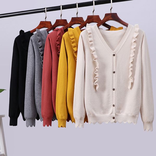 

sweet ruffles knitted cardigans sweater women autumn winter v-neck single breasted thick solid 210520, White