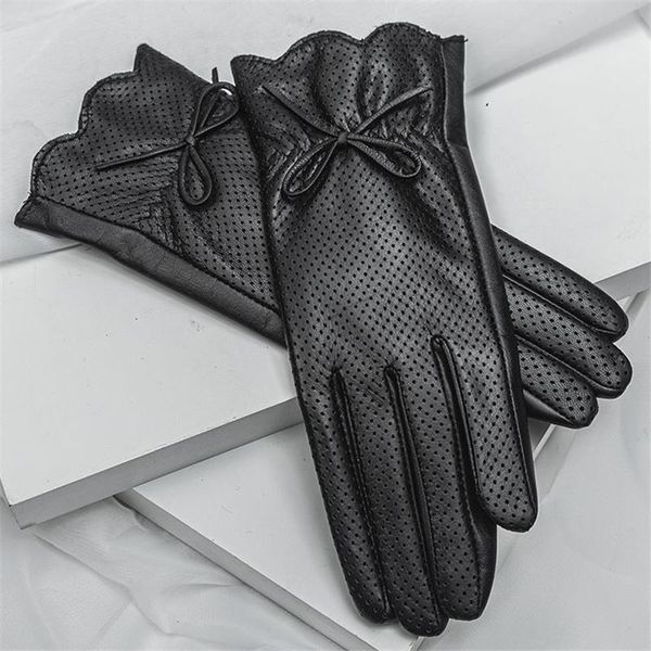 

five fingers gloves summer driving leather sheepskin female touch screen thin single layer unlined ladies black motorcycle riding, Blue;gray