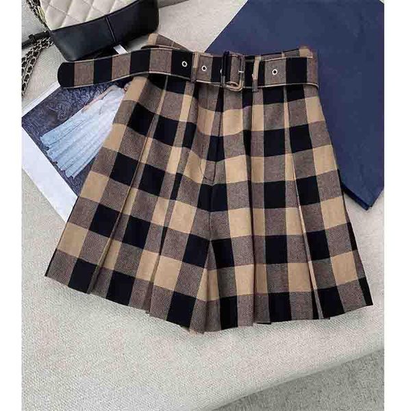 

cosmicchic 2021 autumn winter women wide wool shorts high waist short pants with belt a line mini skirt plaid elegant women's, White;black