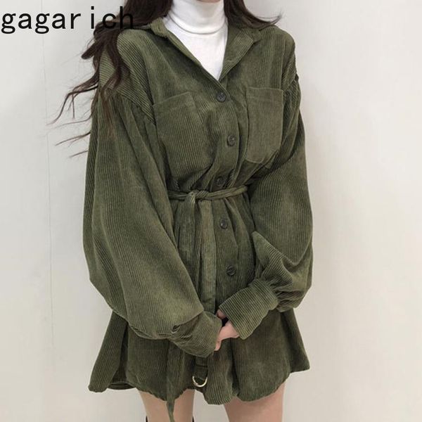 

casual dresses gagarich women dress 2021 spring autumn vintage corduroy lace-up lantern sleeve fashion vestidos de mujer, Black;gray