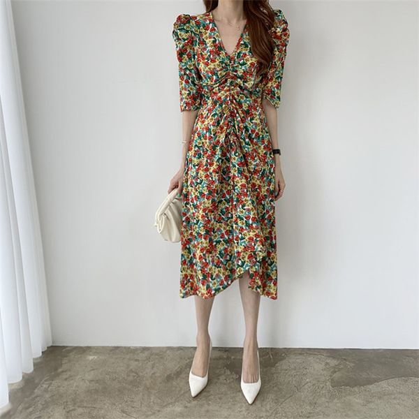 

elegance chic all match chiffon casual florals v-neck summer office lady retro vintage women dresses 210421, Black;gray