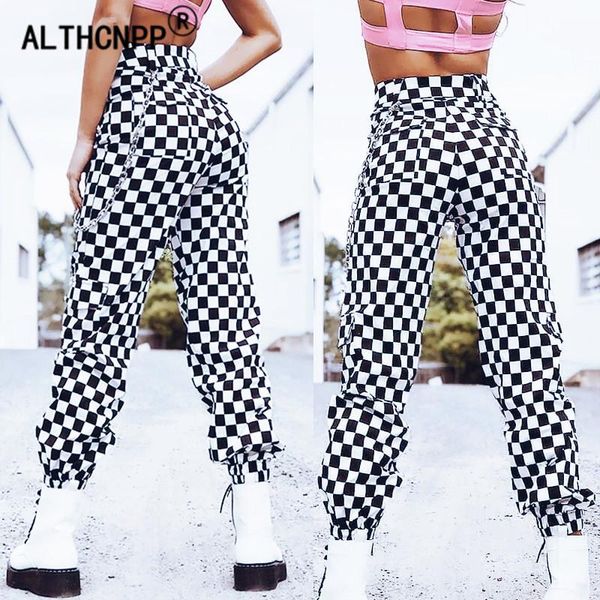

women's pants & capris high waist cargo women streetwear personality hip hop hippie plaid pantalon femme spodnie damskie, Black;white
