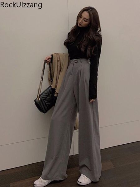 

loose straight high waist wide leg solid gray black office long suit casual pant korean trouser women fashion simple classic women's pa, Black;white