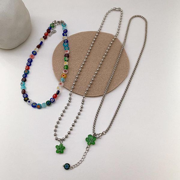 

pendant necklaces three-piece set flowers bead strand beaded choker necklace for women bohemian colorful short layered collar jewelry, Silver