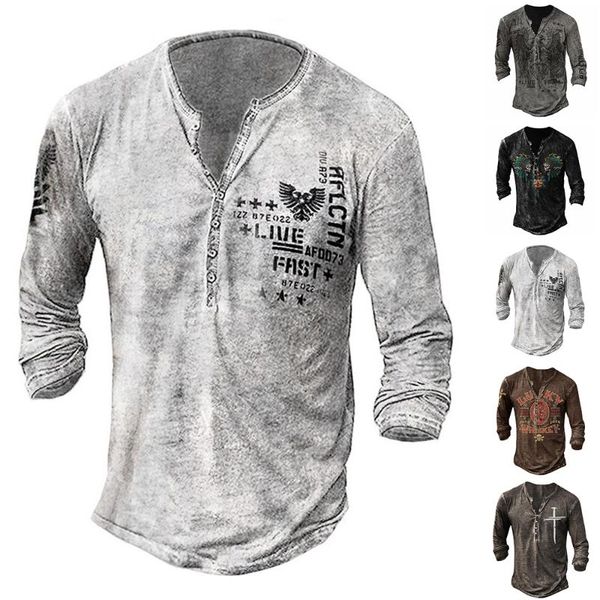 

men's t-shirts autumn men retro blouses long sleeve t-shirt holiday fit printed spring buttons baggy loose casual tee blouse, White;black