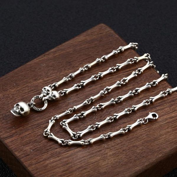 Correntes FNJ 3mm Skull Pingente Colar 925 Prata 50cm + 5cm Original S925 Mulheres Tailandesas Homens Homens Bone Link Chain Chain Punk Vintage