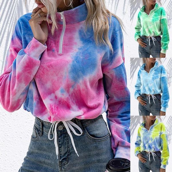 

hoodie sweatshirts womens stylish women stand collar zipper sweatshirt tie dye drawstring short 2021 women's hoodies &, Black