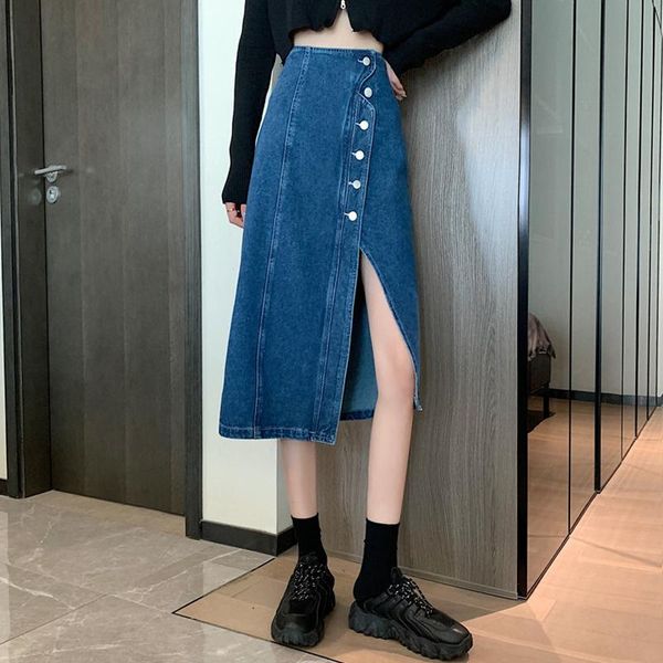 

skirts split denim skirt female high waist irregular long women button-down, Black