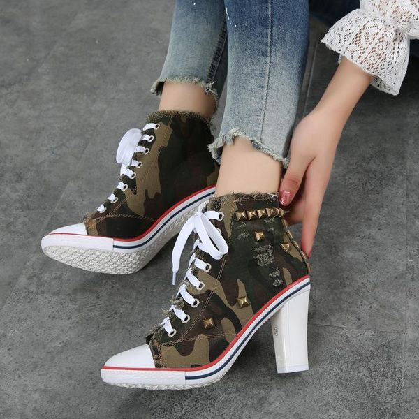 

dress shoes 8cm canvas women denim high heels rivets fashion lace-up sneakers short boots large size 34-40 casual, Black