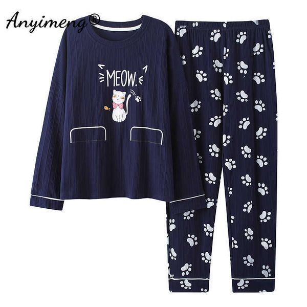 

kawaii cats printing fashion women's pajamas big size homewear 3xl 4xl 5xl knitted cotton pullover spring autumn winter pijamas 211007, Black;red