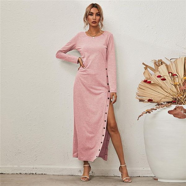 

spring women's long-sleeved solid color dress round neck loose button split ankle party dresses lady home wear casual, Black;gray
