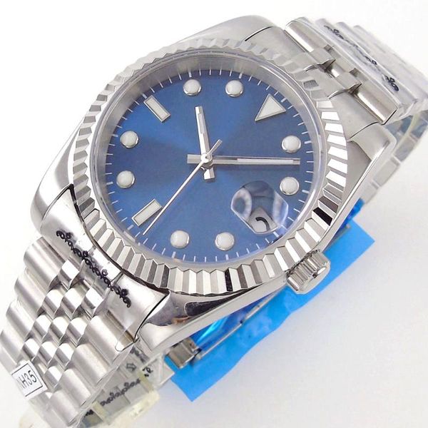 

wristwatches sunburst blue nh35a business 36mm fluted bezel selfwinding men wristwatch date just hand glass back, Slivery;brown