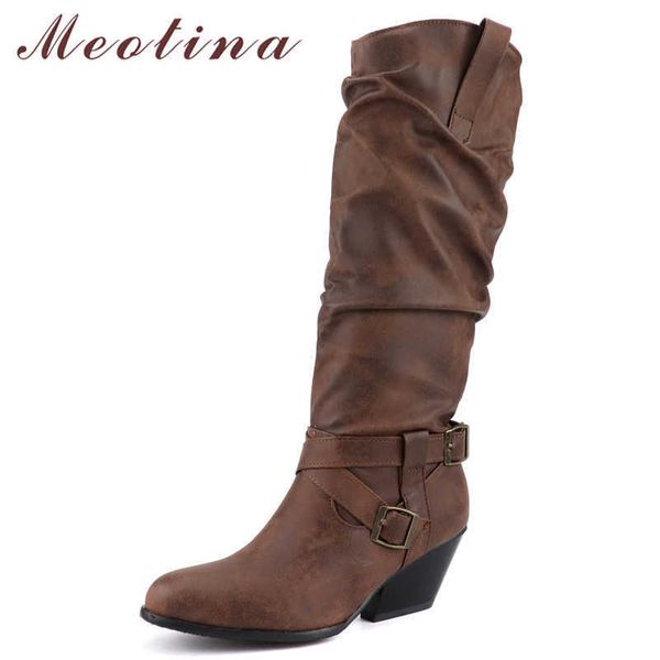 

meotina winter western boots women buckle thick heels knee high boots pleated round toe tall shoes female autumn plus size 34-46 210608, Black