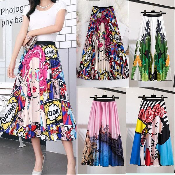 

young cartoon print pleated mouse womens skirt girl summer spring long girls, Black