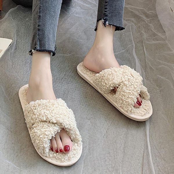 

slippers winter home shoes women house warm faux fur ladies cross soft plush furry female open toe slides fashion flat, Black