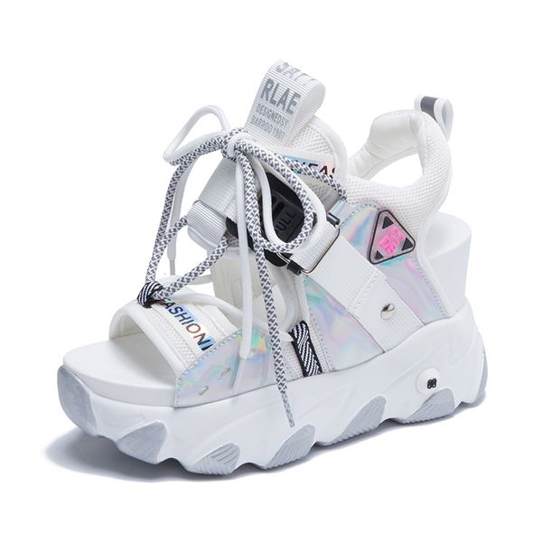 

women chunky platform sandals designers new brand 2020 summer beach casual shoes woman lace up wedges 9cm fashion sandal ladies k78, Black