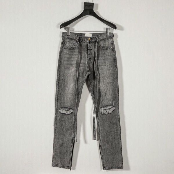 

men's jeans 2021 distressed slim belted blue with ribbon men ankle zips knee holes biker streetwear pants time limited