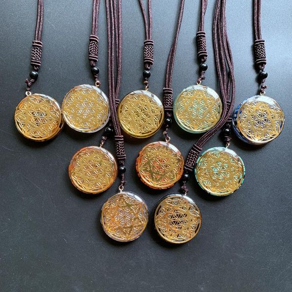 

chakra crystal chips tumblestones pendant round flower of life hexagram orgonite resin necklace adjustable chain ornaments 1pc necklaces, Silver
