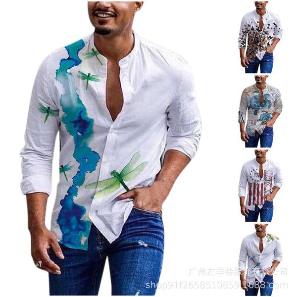 

men's casual shirts round neck cotton linen printed long sleeve shirt, White;black