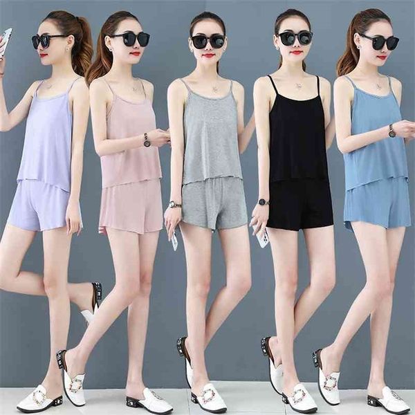 

summer pajamas sleepwear for women sleeveless spaghetti strap pyjamas cami + shorts sets nightwear 210520, Black;red