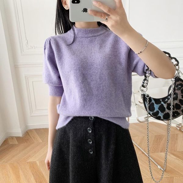 

women's sweaters women sweater alpaca puff sleeve lilac short knit, White;black