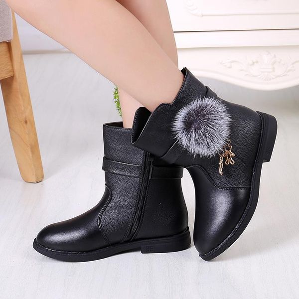 

winter fashion child girls snow boots shoes warm plush soft bottom baby comfy kids leather boot, Black;grey