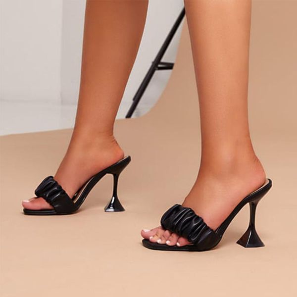 

women's shoes pleated beach fashion strange style women slippers square open toe female slip on casual high heels footwear, Black
