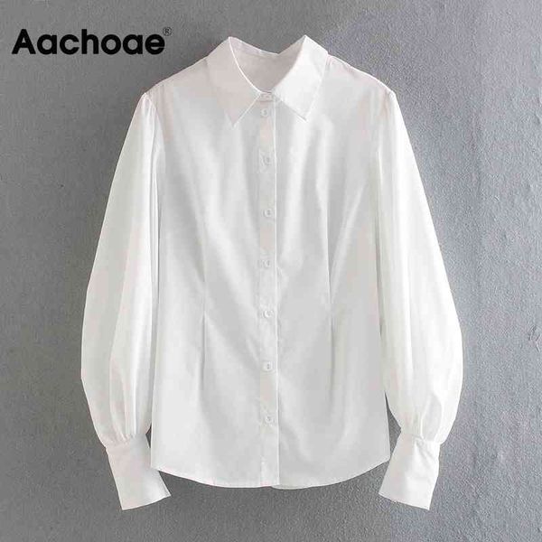 Beiläufige weiße Bluse Frauen Büroabzug Umdrehende Kragen Hemd Damen Solide Laterne Langarm Chic Tops Blusas 210413