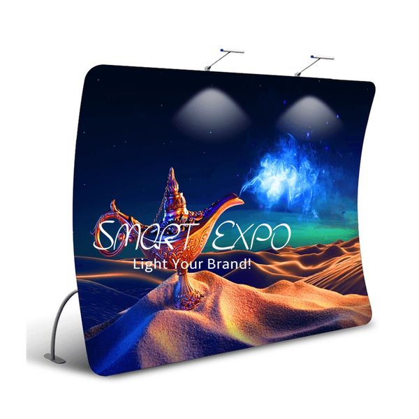 

10ft vertical curved tension fabric advertising display with thick aluminum tube customized printed graphic portable carry bag