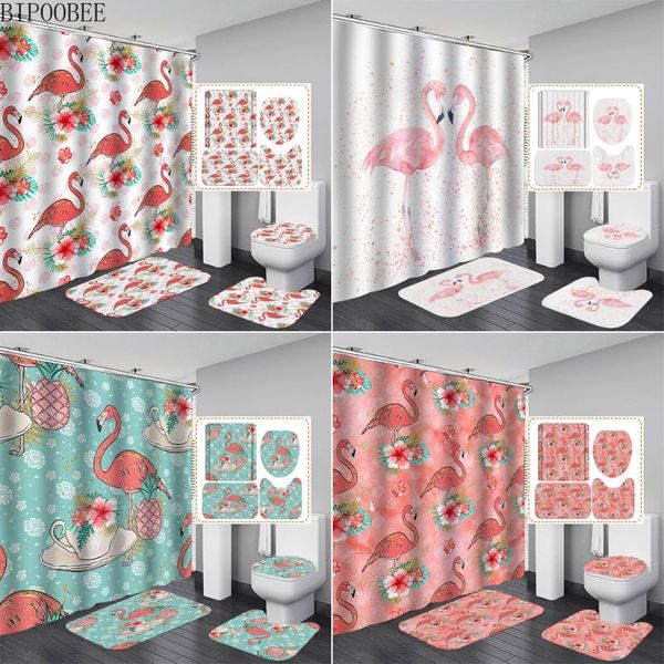 

elegant flamingo polyester waterproof bathroom set beautiful animal printed shower curtain bath mats rugs toilet cover carpet curtains