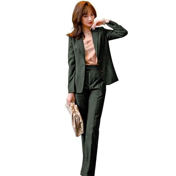 

women's two piece pants woman suits female green suit 2-piece set office single-breasted blazer + trousers casual, White