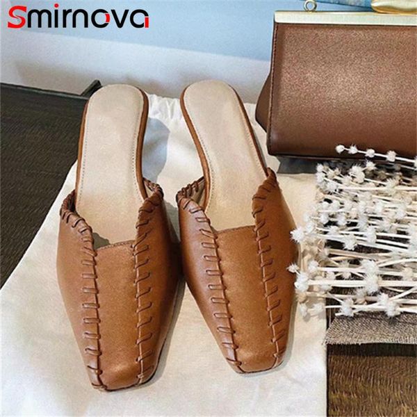 

slippers smirnova 2021 genuine leather shoes women slipper square toe vintage thin high heels summer, Black