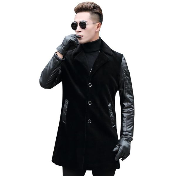 

men's leather & faux natural sheep shearling fur coat winter jacket men genuine sheepskin jackets plus size long coats my757, Black