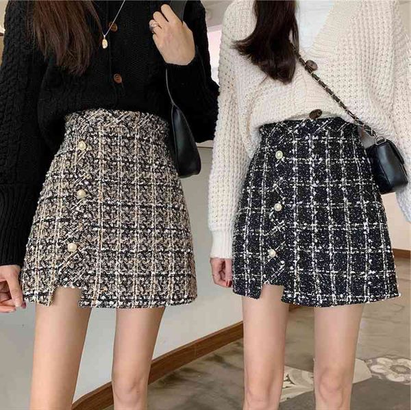 

small fragrant wind short style womens skirt plaid woolen a-line thinner buttocks female, Black