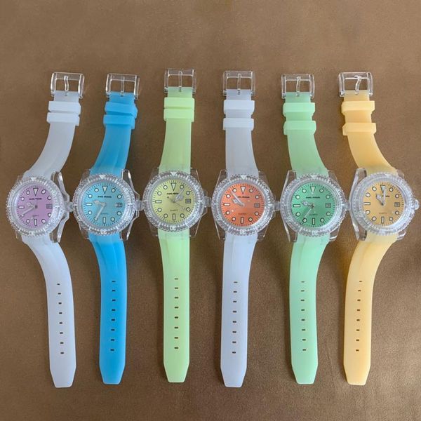 

wristwatches quartz watch 40mm acrylic case silicone strap japan 2115 movement green luminous dial multiple color options, Slivery;brown