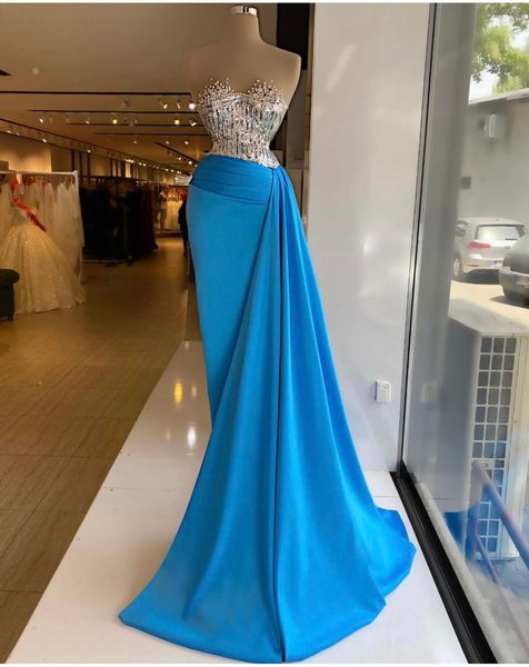 Elegante azul lantejouless sereia vestidos de noite de cristal frisado querida formal vestidos formal feitos personalizados plus tamanho pageant desgaste vestido de festa cg001