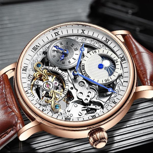 

wristwatches kinyued men watches automatic mechanical watch leather tourbillon sport clock casual business relojes hombre retro wristwatch, Slivery;brown
