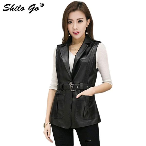 

women's vests fashion street women collage black formal office metal sashes side pocket sheepskin genuine leather vest ladies, Black;white