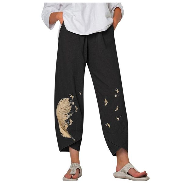 

women's pants & capris casual loose printed for women elastic waist pocket harem beach streetwear female trousers capri pantalon femme#, Black;white
