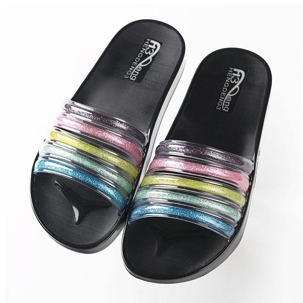 

slippers 2021 women summer beach transparent rainbow indoor outdoor non-slip wear fashion open toe flat, Black