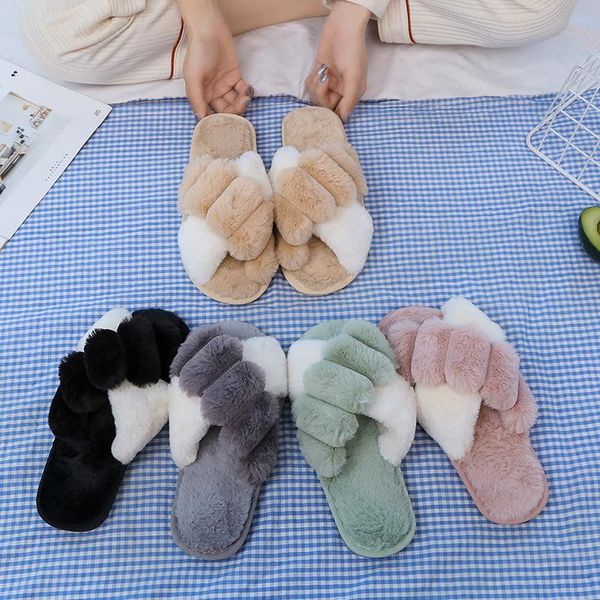 

slippers 2021 cross plush slippers, women flat bottom, indoor home, floor, Black
